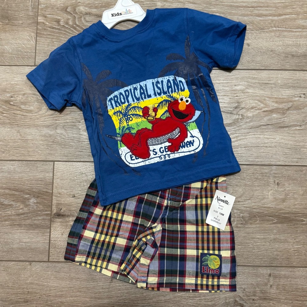 Nannette Sesame Street Elmo Tropical‎ Island T-Shirt Plaid Shorts Set 18M Blue